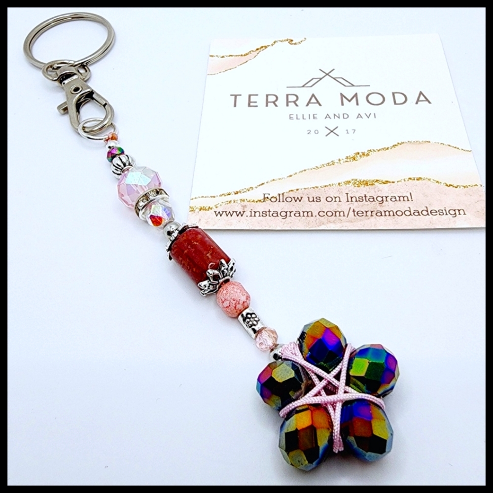 Pink Jasper Pentaflower Beaded Keychain